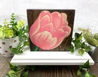 Pink Tulip Wood Painting, Original Wood Stain Art, Spring Decor