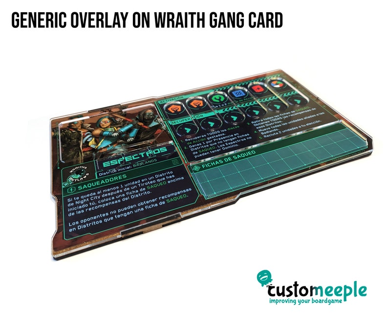 May include: A clear acrylic game card overlay for the game "Cyberpunk Red" featuring the Wraith gang card "Espectros". The card has a green and black color scheme with a graphic of the gang members. The card includes text in Spanish, including the gang name, "Espectros", and the text "Saqueadores".