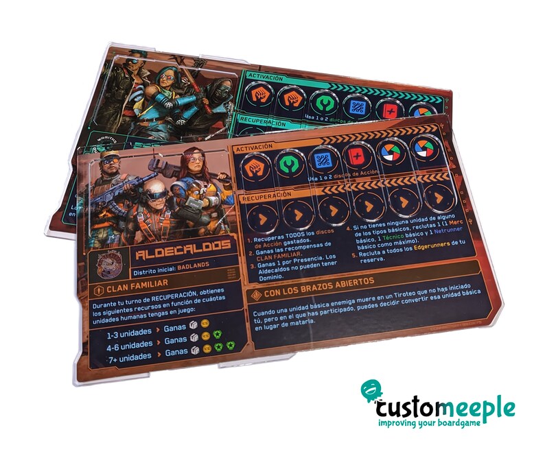 May include: A close-up of a board game card with a brown and orange background. The card features a group of characters with a futuristic aesthetic. The card is titled "Aldecaldos" and includes information about the game's rules and mechanics.