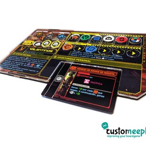 May include: A close-up of a board game component with a black and yellow design. The component features the text "Valentinos" and "Apoyo Vecinal". The component also features a red and black card with the text "Remesa de Armas de Nokota" and "Pac&iacute;fica".