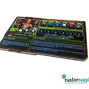 May include: A green and black board game card with the title "GARRAS DE TYGRE" and the text "Distrite inicial WESTBROOK". The card has a green background with black text and icons. The card has a cost of 2, and the activation icons include a fist, a wrench, a code, a building, a lightning bolt, and a target. The card has a green and black border.