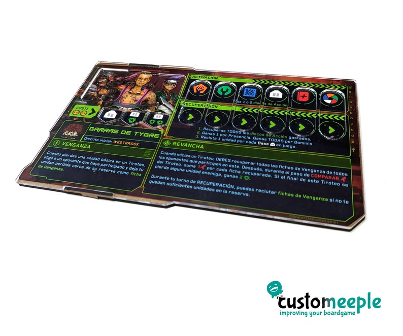 May include: A green and black board game card with the title "GARRAS DE TYGRE" and the text "Distrite inicial WESTBROOK". The card has a green background with black text and icons. The card has a cost of 2, and the activation icons include a fist, a wrench, a code, a building, a lightning bolt, and a target. The card has a green and black border.