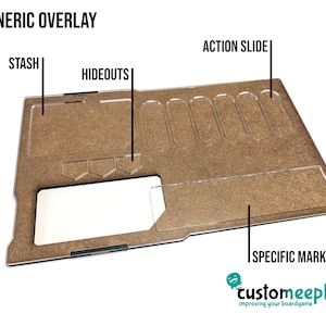 May include: A brown wooden game organizer insert with clear plastic compartments. The insert has labels for "Stash", "Hideouts", "Action Slide", and "Specific Markers".