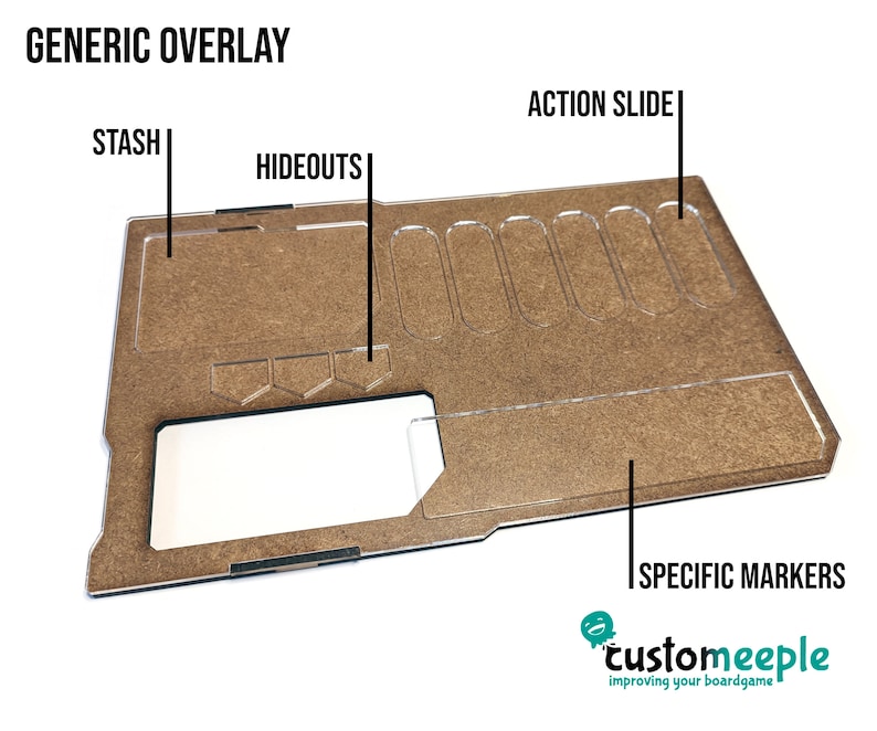 May include: A brown wooden game organizer insert with clear plastic compartments. The insert has labels for "Stash", "Hideouts", "Action Slide", and "Specific Markers".