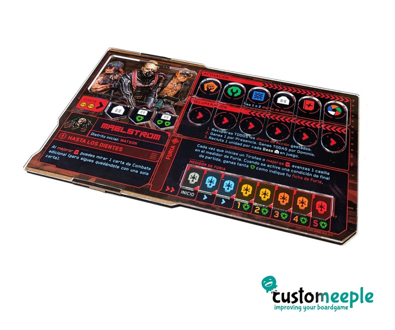 May include: A red and black board game player card with the title "Maelstrom" and the subtitle "Hasta los dientes". The card features a character with a skull mask and a weapon. The card has icons for activation, recovery, and fury.