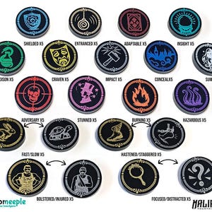 May include: A collection of black, circular game tokens with various symbols and text, including "Shielded," "Poison," and "Adversary." Each token has a unique design in colors like blue, green, red, and yellow. The text "X5" is on each token.