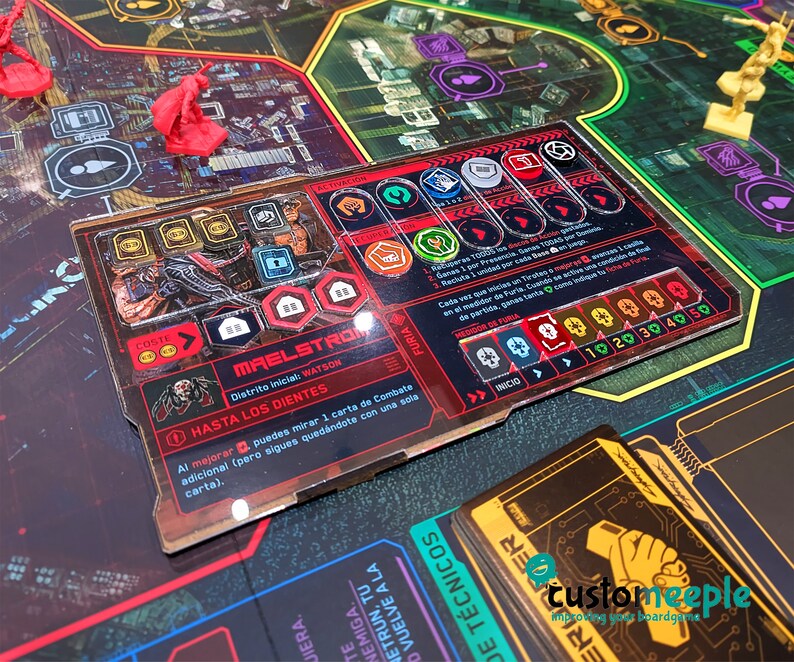 May include: A close-up of a board game card with a red and black design. The card features a character named Maelstrom, with the text "Distrito inicial: WATSON" and "HASTA LOS DIENTES". The card also includes a cost, fury, and activation section.
