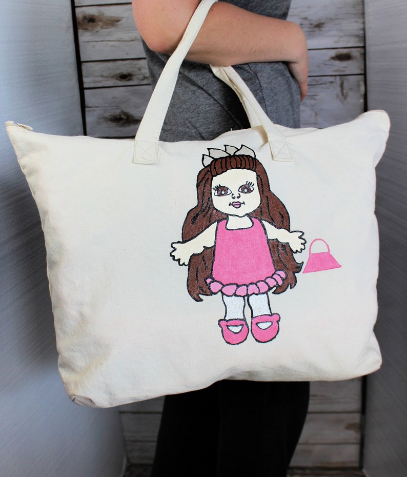 Zippered Canvas Tote Bag Overnight Girls Bag Hand painted Tote bag First Girls Birthday Gift American Doll Bag Toddler Girl Doll Bag