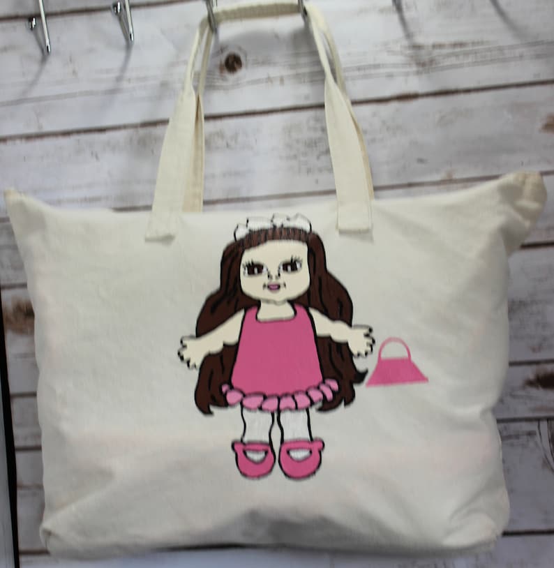 Zippered Canvas Tote Bag Overnight Girls Bag Hand painted Tote bag First Girls Birthday Gift American Doll Bag Toddler Girl Doll Bag