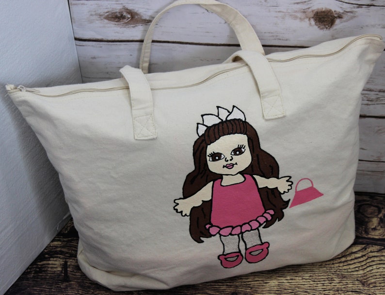 Zippered Canvas Tote Bag Overnight Girls Bag Hand painted Tote bag First Girls Birthday Gift American Doll Bag Toddler Girl Doll Bag