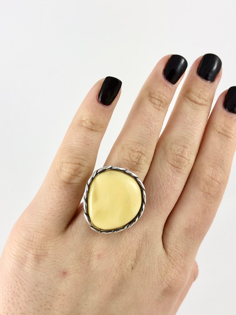 silver 925 sterling Real Baltic Amber Genuine Baltic Round Amber Ring Gift for woman 7 Ring Baltic Amber Milk Natural 17.5