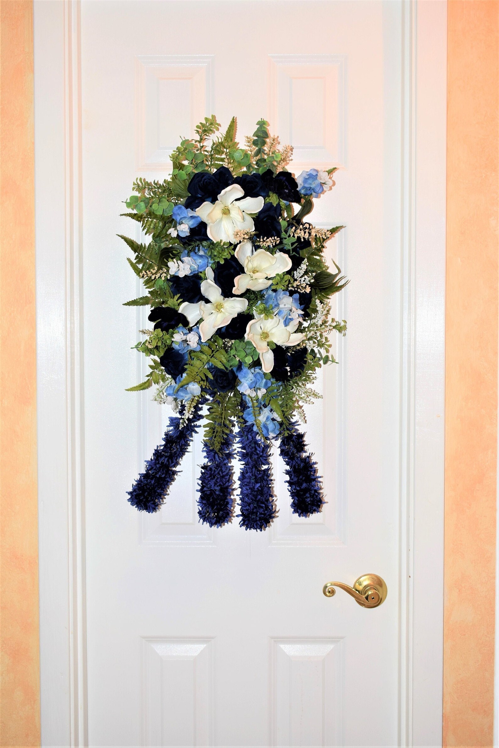 Navy blue vertical swag wreath Floral swag Wall swag Front Etsy