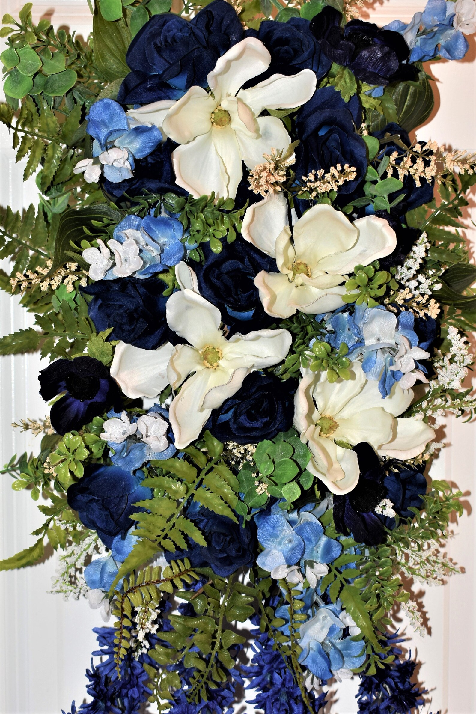 Navy blue vertical swag wreath Floral swag Wall swag Front Etsy