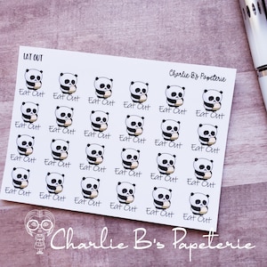 May include: A sheet of stickers featuring panda bear illustrations. Each panda has a black and white design with the words "Eat Out" below. The text "LAT OUT" and "Charlie B's Papeterie" are also visible.