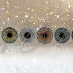 May include: Six realistic eye designs in a row, showcasing a range of colours such as brown, green, and blue. The irises and pupils are highly detailed. The background is a shimmering, glittery surface with a soft focus.