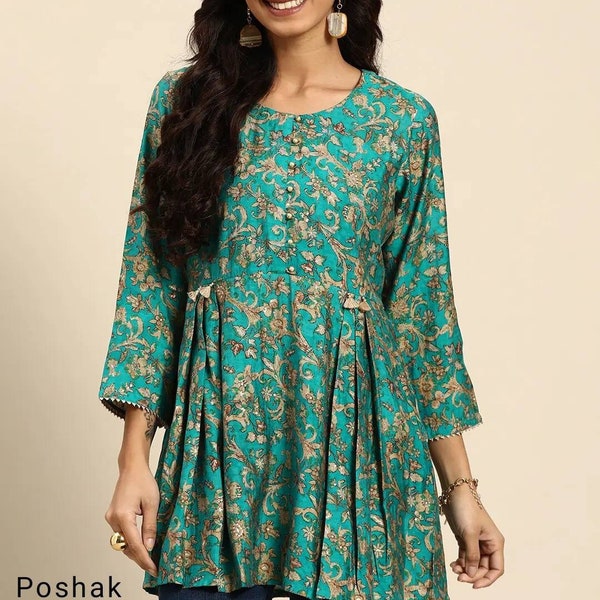 Short Kurti Women - Turquoise Blue & Beige Printed Tunic Top - Tunics For Women - Indian Kurti Top - Casual Tees Top Women- Boho Hippie Top