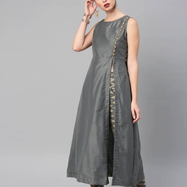 Robe de mariée indienne pour femme - Kurta trapèze sans manches gris unie avec pantalon - Ensembles kurta d'été - Robe ethnique indienne pour femme