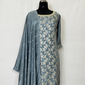 Indian Party Wear Kurta Sets - Grey Floral Brocade Zari Silk Kurta With Trousers Dupatta - Silk Kurta Sets - Silk Salwar Kameez Set Women