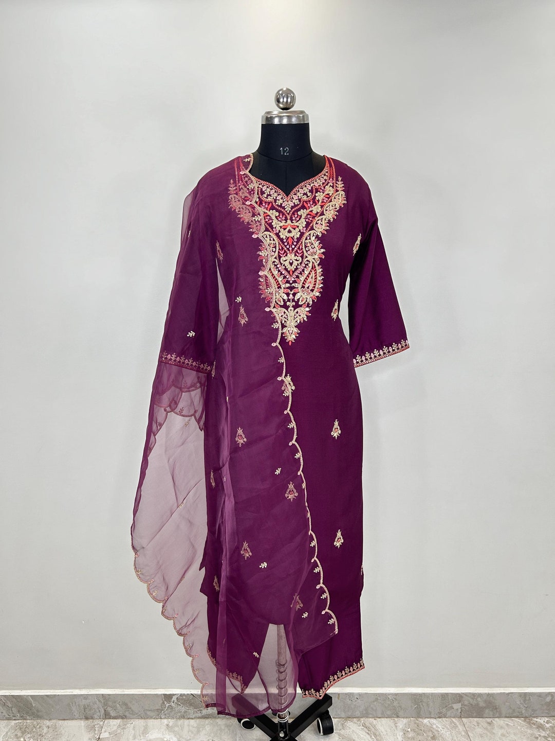 Embroidered Kurta Set - Purple Embroidered Silk Kurta Palazzo Dupatta ...