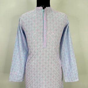 Kurta Set For Men - Blue & Pink Chikankari Kurta With Pajama For Men - Sherwani For Men - Indian Party /Festive Wear Kurta Pant For Men