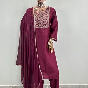 Indian Dress For Women - Purpel Embroidered Zari Kurta With Trousers & Dupatta - Salwar Kameez Set -Indian Wedding/Festive Wear - Long Tunic