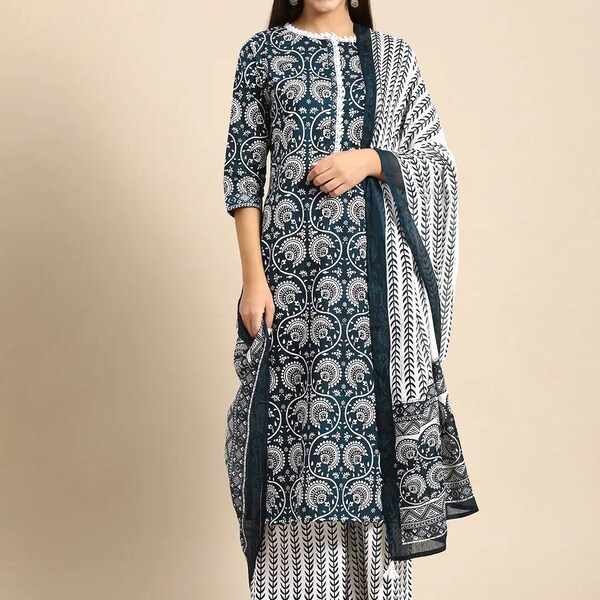 Pure Cotton Salwar Kameez Women - Blue & White Kurta With Trousers Dupatta - Indian Plus Size Kurta Sets - Kurti Pant Dupatta  - Tunic Top