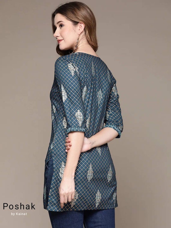 Designer Party Wear Rayon Fabric Blue Printed Kurti Sleeveless Kurti Sets |  eBay