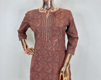 Indian Summer Tunics For Women - Brown & Back Printed Cotton Summer Tunic Top/ Kurti For Women - Short Kurta Top - Summer Tops Tees Women