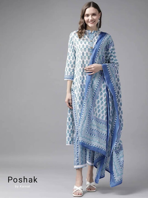 Salwar Kameez Set Indian Dress Women Ropa Ropa para mujer Americanas y trajes Clearance Sale Pure Cotton Kurta Set For Women- Blue Printed Kurta With Trousers kurti túnica 