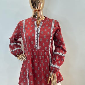 Summer Tops Tees Blouse Women - Maroon Pure Cotton Empire Printed Kurta- Short Kurta - Cotton Tunic - Indian Ethnic Tops - Boho Tops T-shirt