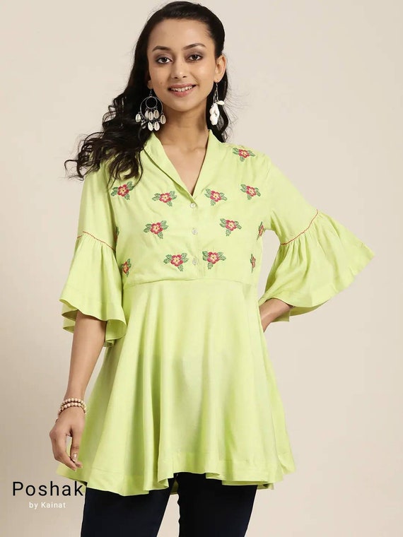 Tunics For Women Short Kurta Women Green Embroidered Kurti | Etsy