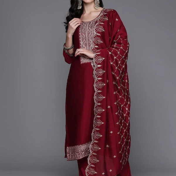 Silk Kurta Palazzo Set  - Indian Party Wear For Women - Maroon Zari Detail Straight Kurta With Palazzos and Dupatta - Salwaar Kameez Set -