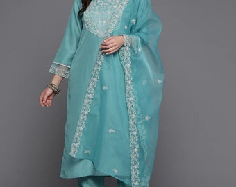 Robe de soirée indienne pour femme - Ensembles Kurta pour femme - Pantalon droit Kurta en soie brodée bleu turquoise et dupatta - Salwar Kameez