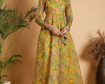 Robes pour femme - Robe longue jaune et verte pour femme - Robe midi - Robe longue pour tenue de soirée - Robe été-printemps - Anarkali Kurta
