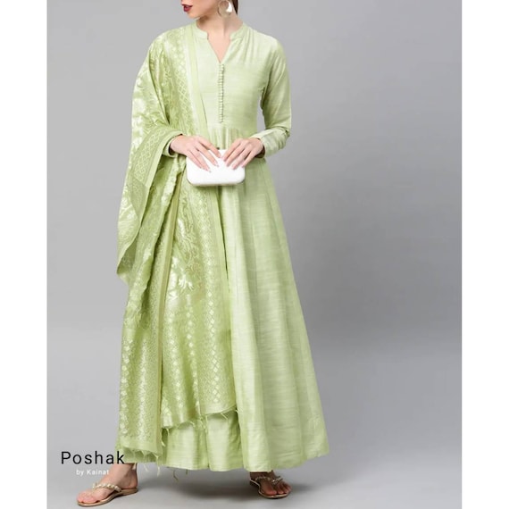 Gown : Pista green butter silk floral printed ethnic gown