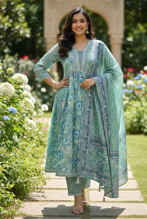 Pure Cotton Anarkali Kurta Trouser Dupatta Set | Floral A-Line Kurta Suit | Summer Ethnic Wear | Indian Dress for Women | Festive Outfit