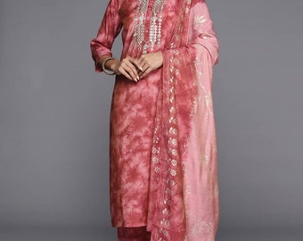 Ensembles Kurta pour femme - Pantalon kurta droit en soie imprimée corail et dupatta - Robe indienne pour femme - Costume Salwar pakistanais - Tenues de soirée indiennes