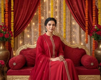 Indian Party / Wedding Wear For Women - Red Embroidered Front Slit Straight Kurta With Trousers & Dupatta - Bride Kurta Sets - Salwar Kameez