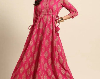 Anarkali Kurta Dress - Magenta Pink & Golden Printed Anarkali Kurta For Women - Party Wear Gown - Maxi Dress - Indian Ethnic Dress- Tunic