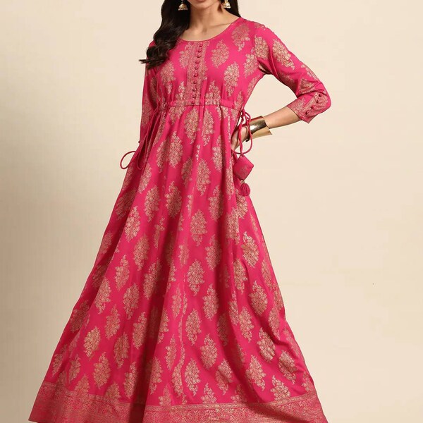 Anarkali Kurta Dress - Magenta Pink & Golden Printed Anarkali Kurta For Women - Party Wear Gown - Maxi Dress - Indian Ethnic Dress- Tunic