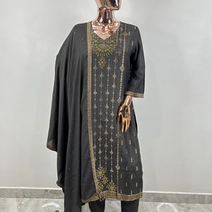 Silk Kurta Sets Women - Grey Embroidered Straight Kurta with Trousers & Dupatta - Plus Size Indian Wedding Wear Women - Salwar Kameez Set