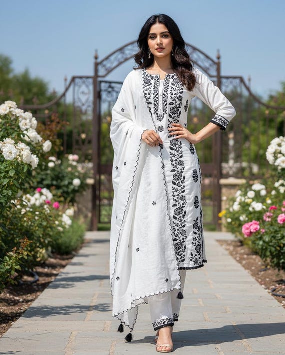 designer dresses kurta sale Designer Kurta Set - White & Black Thread Embroidered Silk Kurta With  Trouser Dupatta -indian Wedding Wear Women - Pakistani Lawn Kurta Set