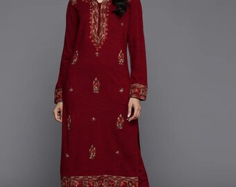 Winter Woolen Kurta For Women - Red Embroidered Woolen Kurta - Indian/ Kashmiri Kurta - Indian Long Tunics - Winter Wear For Women