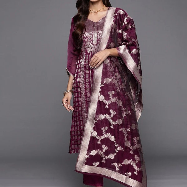 Indian Party Wear Kurta Set - Burgundy Brocade/Zari Chanderi Silk Kurta With Trousers Dupatta - Silk Kurta Set - Pakistani Salwar Kameez Set