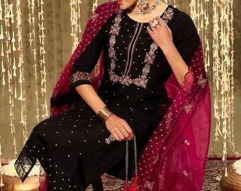 Tenues de soirée indiennes - Kurta droit brodé en soie noir et rose avec pantalon et dupatta - Salwar Kameez Dupatta - Ensembles Kurta grande taille