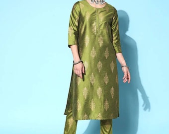 XXL 3XL 4XL Indian Dresses For Women - Green Printed Party Wear Silk Kurta Set - Kurta With Trousers - Kurti Top With Pants - Salwar Kameez