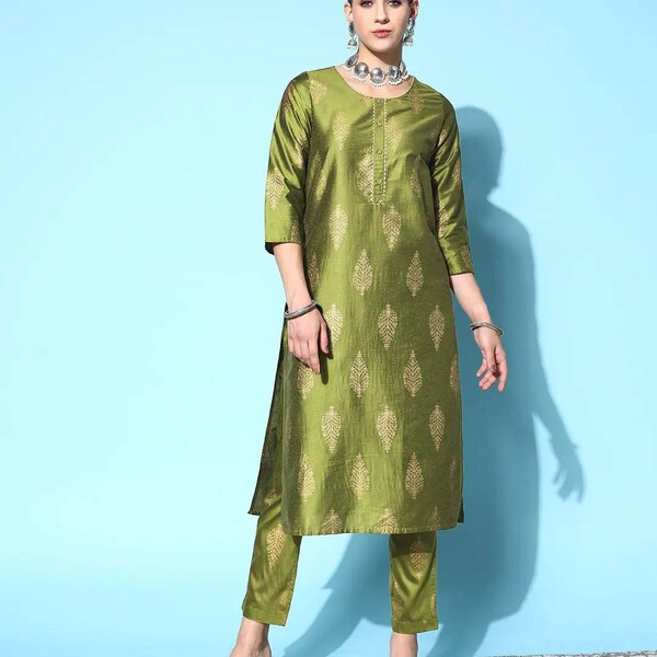 XXL 3XL 4XL Indian Dresses For Women - Green Printed Party Wear Silk Kurta Set - Kurta With Trousers - Kurti Top With Pants - Salwar Kameez