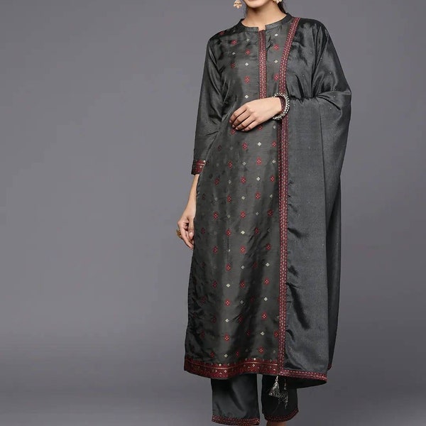 Silk Kurta Sets Women - Charcoal Grey Embroidered Straight Kurta with Trousers & Dupatta - Indian Wedding Wear - Plus Size Salwar Kameez Set