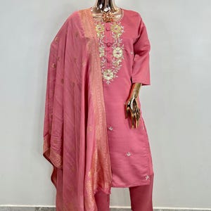 Designer Embroidered Kurta Set - Powder Pink Zari Cotton Kurta With Palazzo and Dupatta - Indian Party/Wedding Wear -  Salwar Suit Set