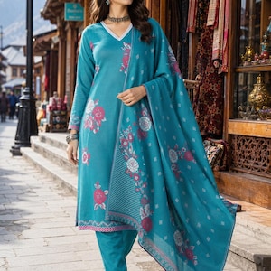 Blue Wool Blend Kurta Set for Women with Dupatta | Winter Ethnic Indian Suit Set | Floral Jacquard Printed Kurta Trouser Set | S-XXL